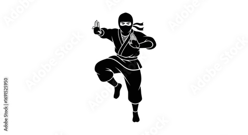 Striking monochrome illustration of a skilled ninja fighter poised for combat, embodying strength and agility
