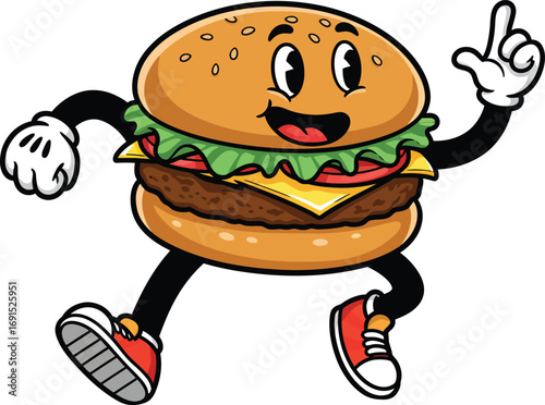 Retro 80s Burger Character with Red Sneakers and White Gloves Pointing Upward. Vector mascot illustration