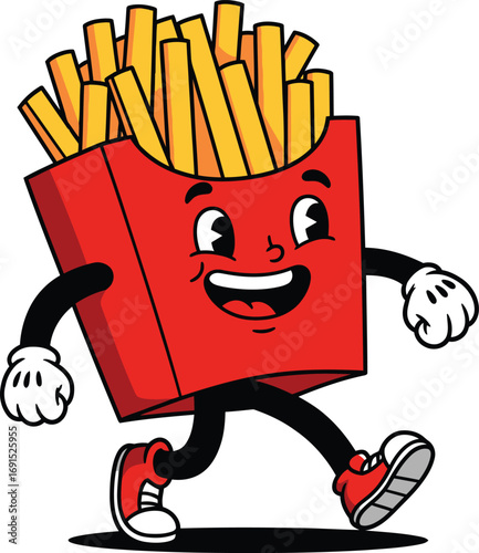 Retro 80s Cartoon, a French Fries Character with Red Box Body and Cartoon Shoes Walking.