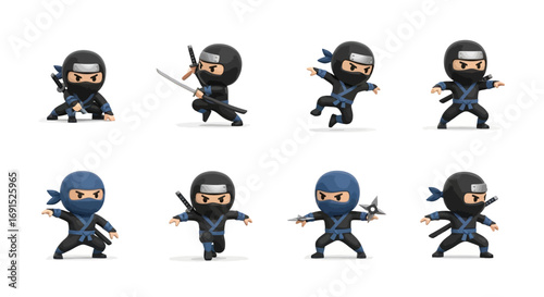 Ninja Warrior Icons A Collection of Cartoon Ninjas in Various Poses and Actions
