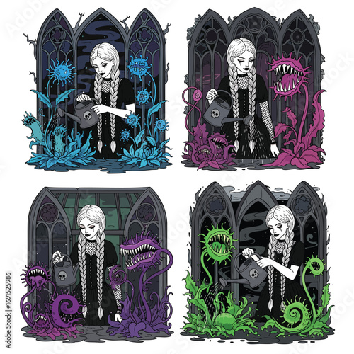 A set of four illustrations of a gothic girl with long white braids watering monstrous carnivorous plants.