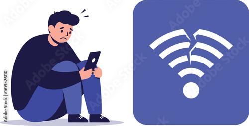 Depressed man holding a tablet next to a broken wifi signal icon.