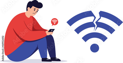 Disappointed Man with Broken WiFi Symbol and Phone No Internet Connection.
