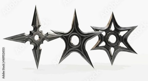 A collection of three assorted traditional steel throwing star weapons used in martial arts. A concept of ancient combat and precision skill isolated on a white background