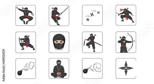 A collection of flat vector icons depicting Japanese ninja warriors in various action poses, with traditional weapons and stealth tools