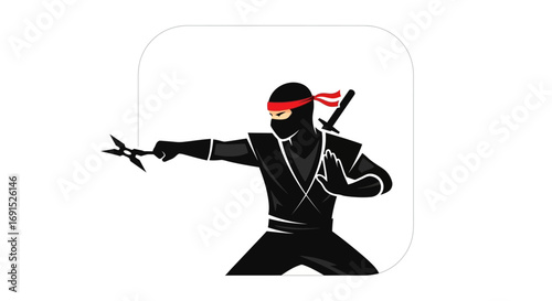 Ninja warrior dressed in black, ready for action, holding a shuriken weapon, symbolizing martial arts, stealth, and discipline