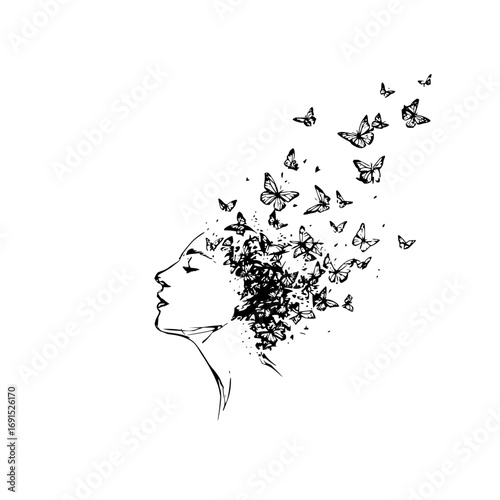 Woman's profile with hair transforming into a swarm of butterflies in a black and white drawing style