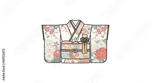 Vector illustration of a traditional Japanese kimono gown adorned with intricate pink and green floral designs and a decorative obi sash