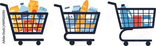 Three Shopping Carts Filled with Groceries Milk Bread and Household Cleaners.