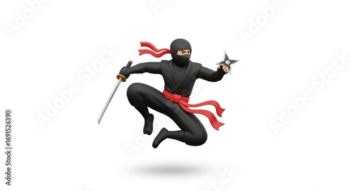 Stealthy Japanese warrior in a classic black uniform executing an agile mid-air attack with a katana and shuriken. Clandestine martial arts concept