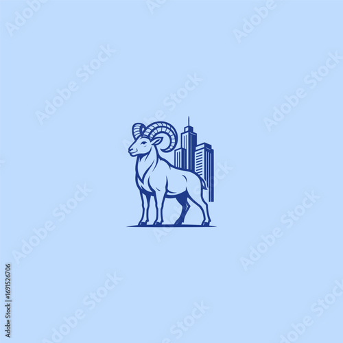 Big horn goat with city buildings line art minimalist logo design.