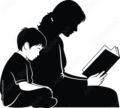 Mother reading book, child listening, parent teaching kid, family education moment, storytelling time, sitting together, learning through books, silhouette vector illustration