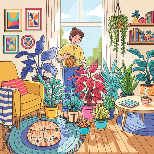 A young woman lovingly waters her collection of houseplants in a cozy sunlit living room.