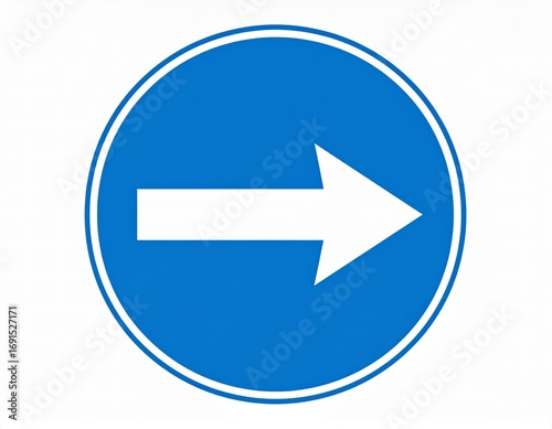Blue circular mandatory right turn traffic sign with white arrow, flat vector graphic