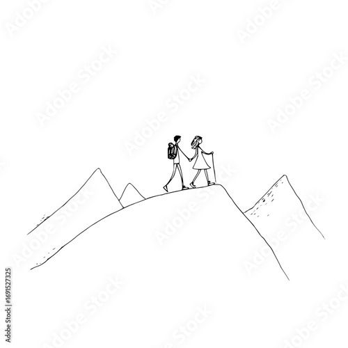 Silhouette of two hikers with backpacks and trekking poles on a mountain top in a minimalist style art