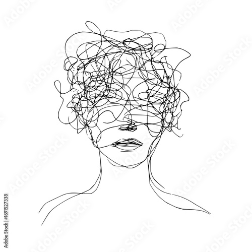 Abstract line art portrait of a woman with tangled lines obscuring the face and upper body outline drawn