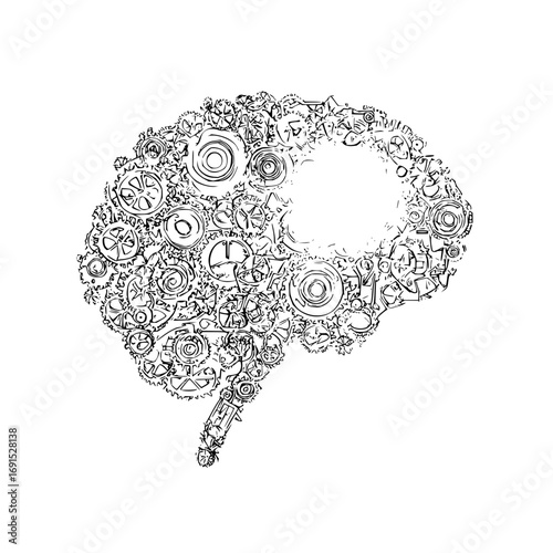 Illustration of a human brain composed of intricate gears and mechanical parts on a white background