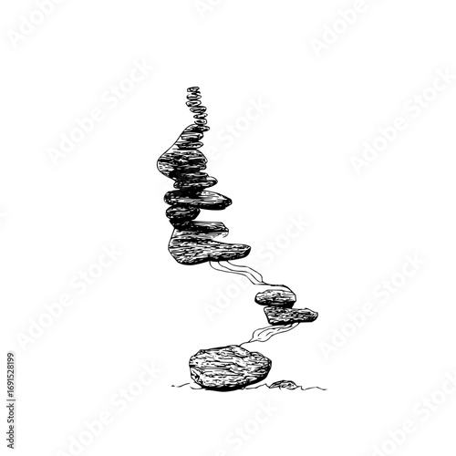 A black and white sketch of a cairn with a flowing water feature cascading down the stacked rocks