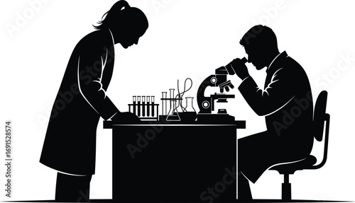 Silhouette of male and female scientists in laboratory, microscope research, teamwork in science, chemical experiment, education concept, vector illustration, lab analysis