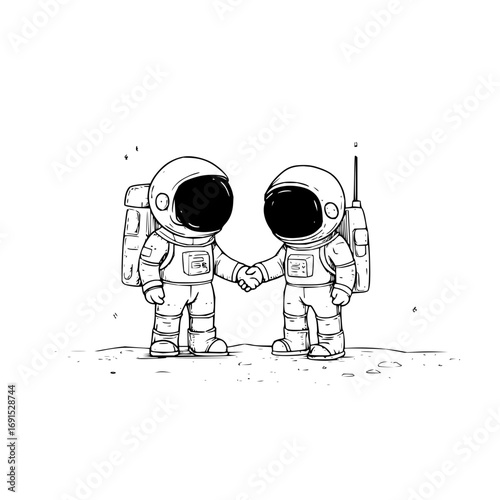 Two astronauts in spacesuits shaking hands on a desolate moon surface in black and white illustration