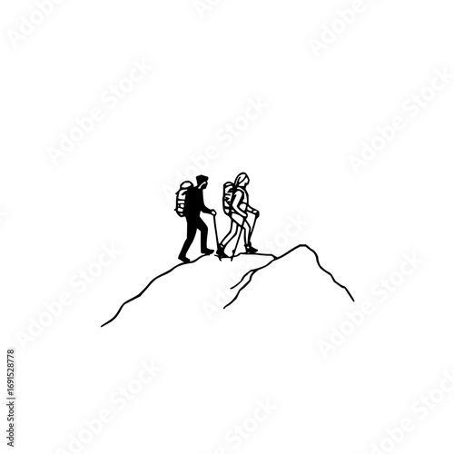 A couple hiking on a mountain range holding hands with one carrying a backpack and the other a walking stick