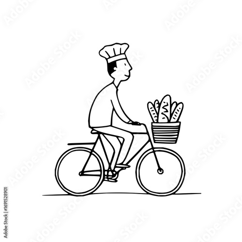 Baker with chef hat riding a bicycle with baguettes in the basket in black and white illustration