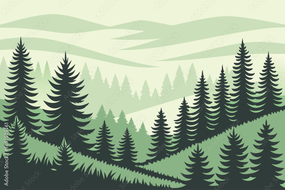Fototapeta premium A monochrome landscape with silhouettes of fir trees covers gently sloping hills and valleys
