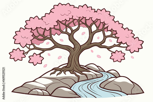 Pink blossom tree blooms atop rocky hillside with flowing stream underneath, transparent backdrop