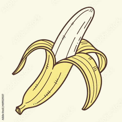 Peeled banana fruit with yellow peel and white flesh, healthy snack.