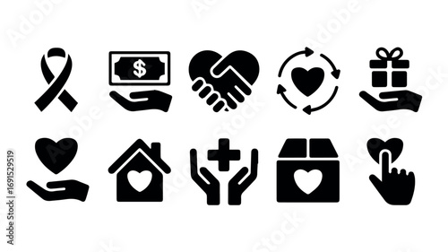 Charity donation icons set vector illustration for fundraising and support campaign with love and care theme