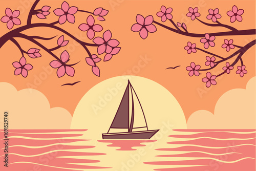 Sailboat navigates the sea beneath blooming cherry tree branches and sunset hues painting the sky
