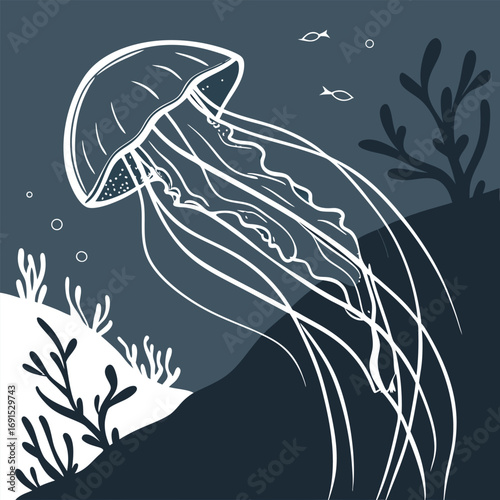 Elegant jellyfish gracefully floating in the deep ocean waters with flowing tentacles.