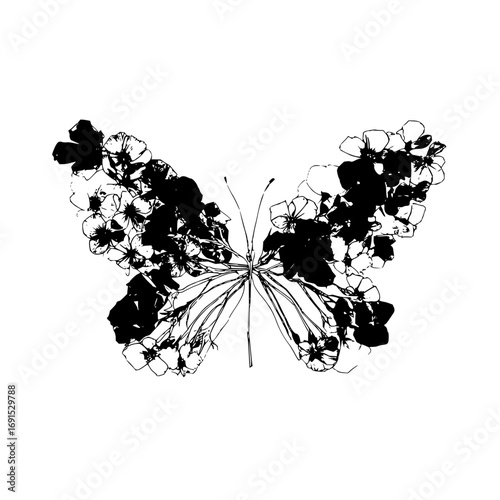 A black and white butterfly illustration composed of flowers and delicate lines on a white background