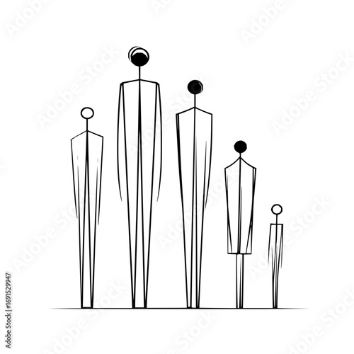 Stylized depiction of five stick figures with circular heads arranged in varying heights on white background