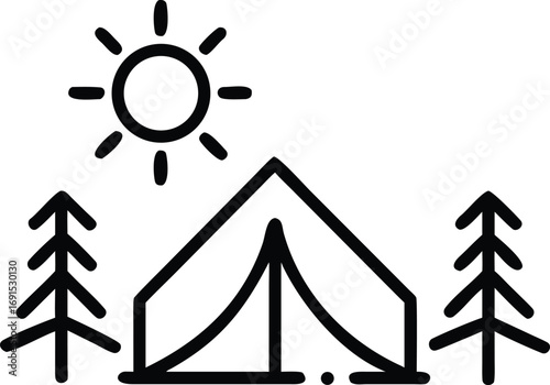 Line art camp tent with sun and pine trees vacation icon