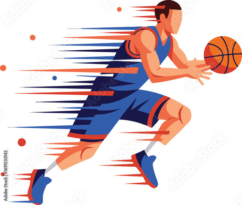A vibrant pixel art illustration depicts a basketball player in motion, a blur of speed and energy captured in bold colors and sharp lines. The athlete's focus is intense, conveying power and athletic