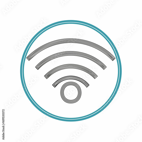 Stylized wifi symbol radiating outward within a teal circle, representing wireless connectivity and technology solutions, clean and modern.