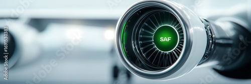 Close up macro shot of SAF fuel nozzle connected to airplane wing, realistic metallic textures and green eco label.