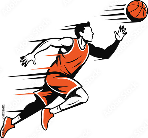 Illustration of a basketball player in motion, dribbling the ball.