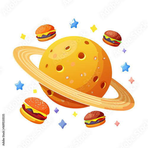 Cute burger and cheese planet saturn illustration