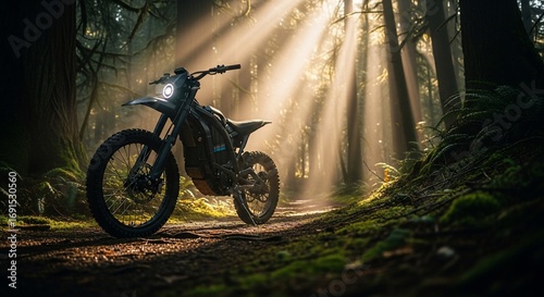 Electric motorcycle bathed in sunlight through trees on forest path serene outdoor adventure high quality professional