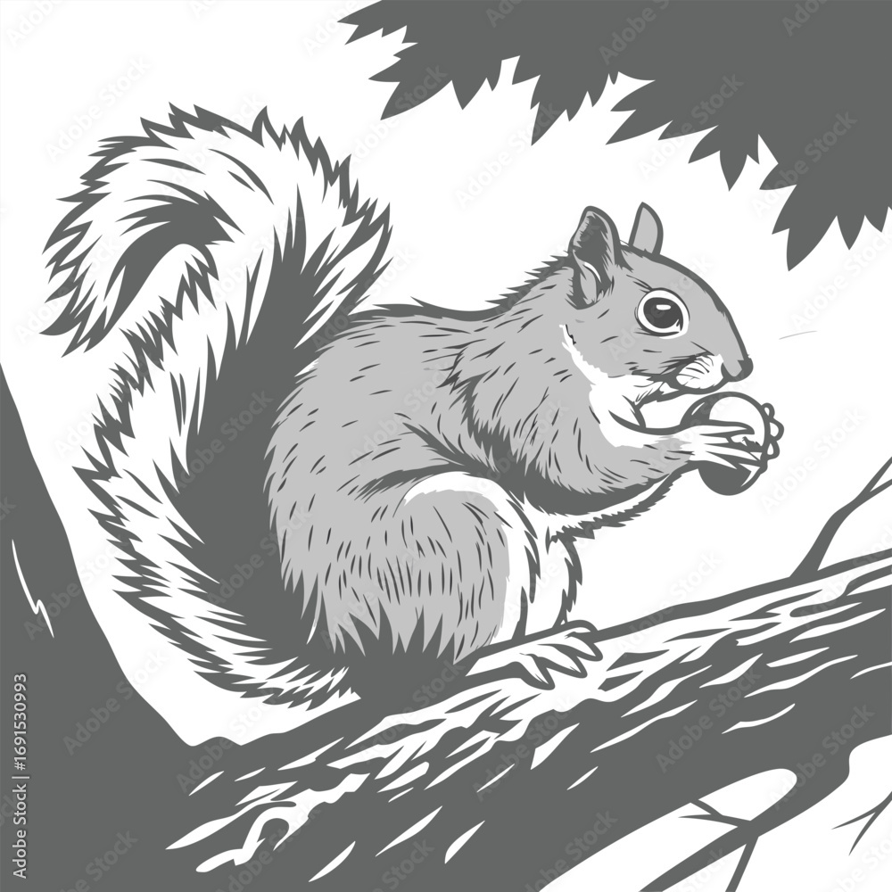 Obraz premium Grayscale illustration of a cute squirrel eating a nut on a tree branch.