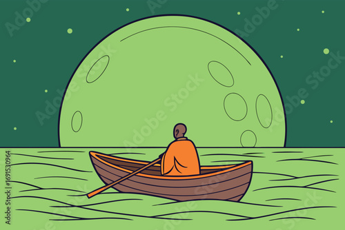 Solitary figure rows a simple boat towards the surreal green moonlit horizon