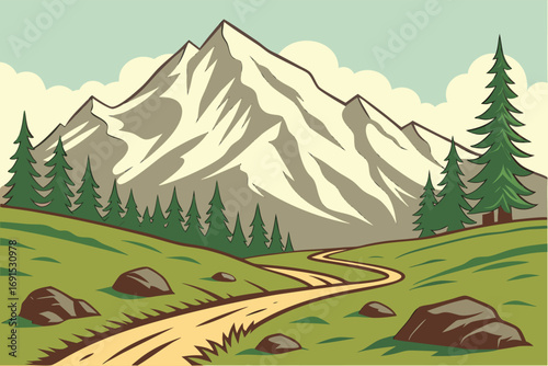 A winding road traverses the green field toward the majestic mountain and tall pine trees