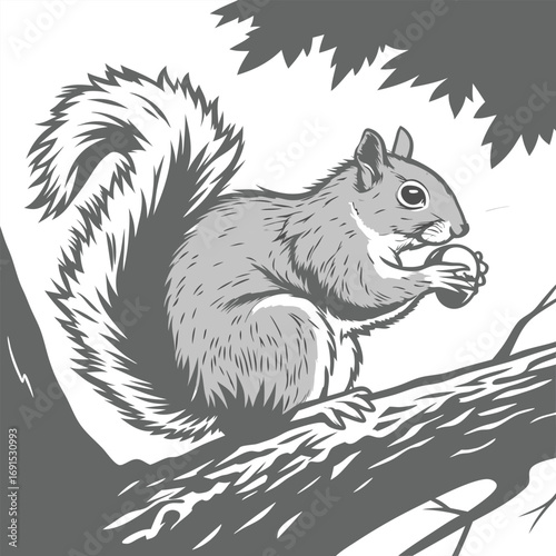 Grayscale illustration of a cute squirrel eating a nut on a tree branch.