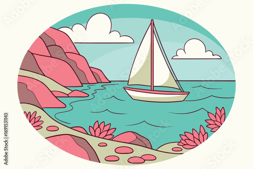Pink mountain coastline features a sailboat gently sailing across the teal water within an illustrative circle