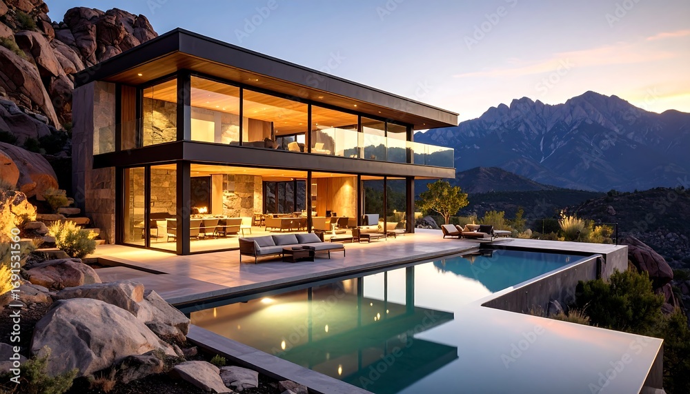 Fototapeta premium Modern luxury home with infinity pool overlooking mountains