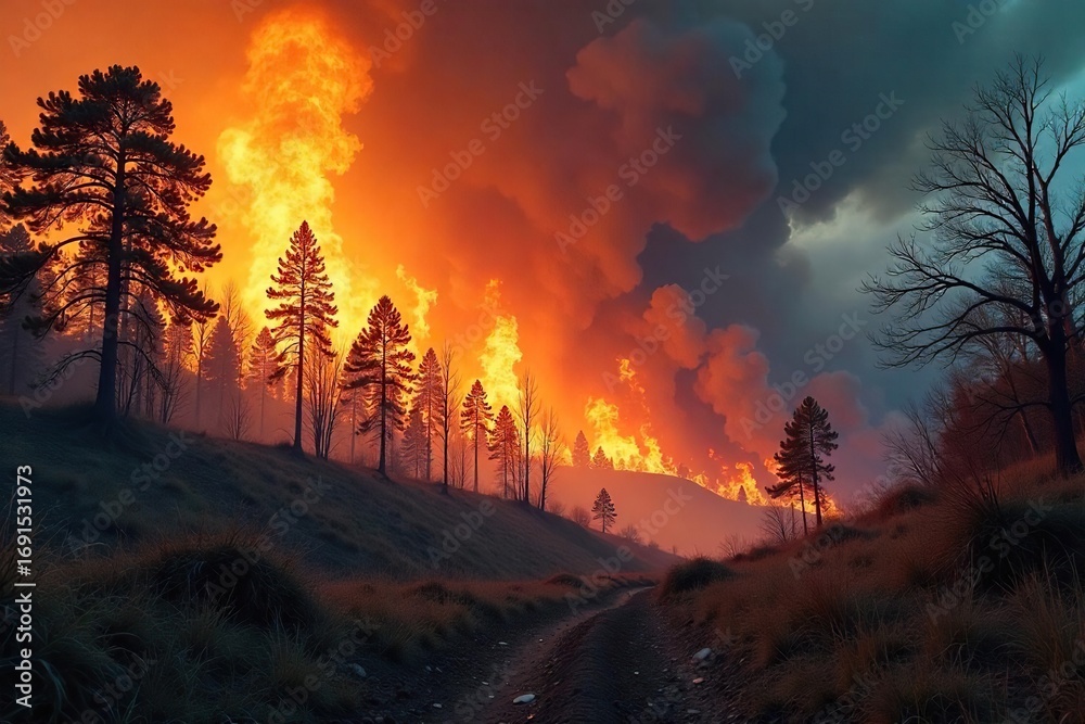 Obraz premium Fierce wildfire raging through a dry forest, consuming trees and underbrush, billowing smoke into the sky The intense heat and flames are clearly visible , nature, charred trees