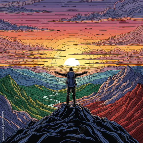 Hiker on a mountain summit with open arms embracing a vibrant colorful sunset over a vast valley.