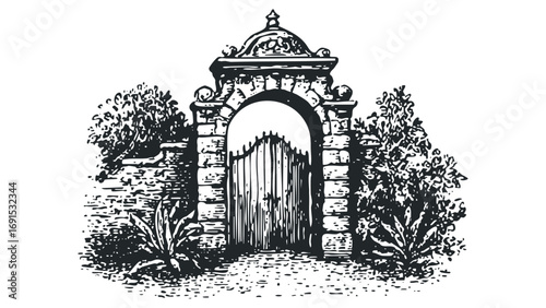 Engraved stone archway with ornate gate and lush foliage. Vector hand drawn illustration